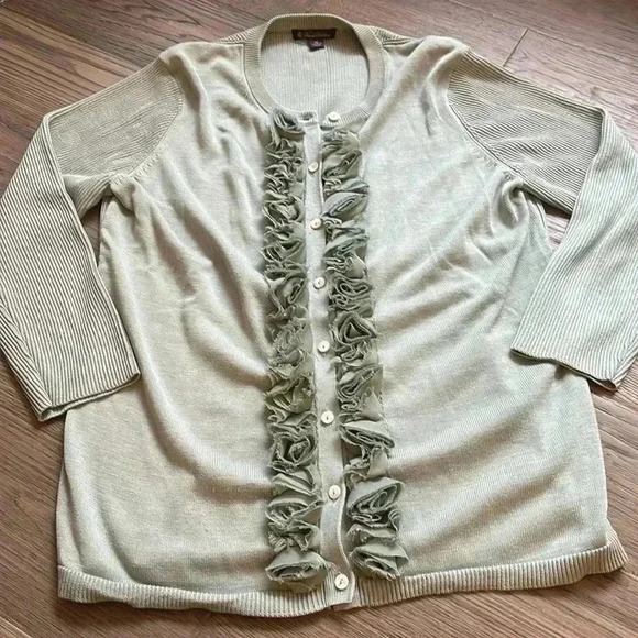 🔥Brooks Brothers🔥 | Sea foam green button up cardigan with flowers - Picture 2 of 9